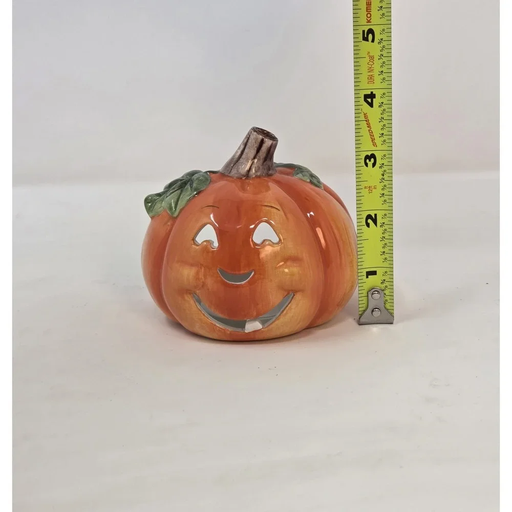 Ceramic Jack-O-Lantern Pumpkin Tea Light Candle Holder Halloween Decor 4.5